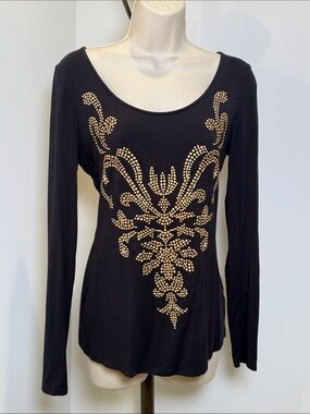 Vintage Cache Black Long-Sleeve Top with Gold Stud Design